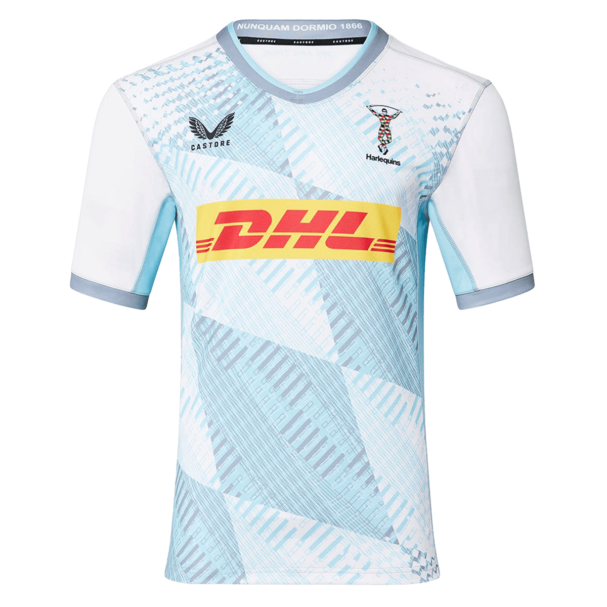 The Harlequins 22/23 Replica Away Jersey by Castore features a light blue and white pattern, DHL sponsor logo, Harlequins RFC crest, and Castore branding—perfect for dedicated fans.
