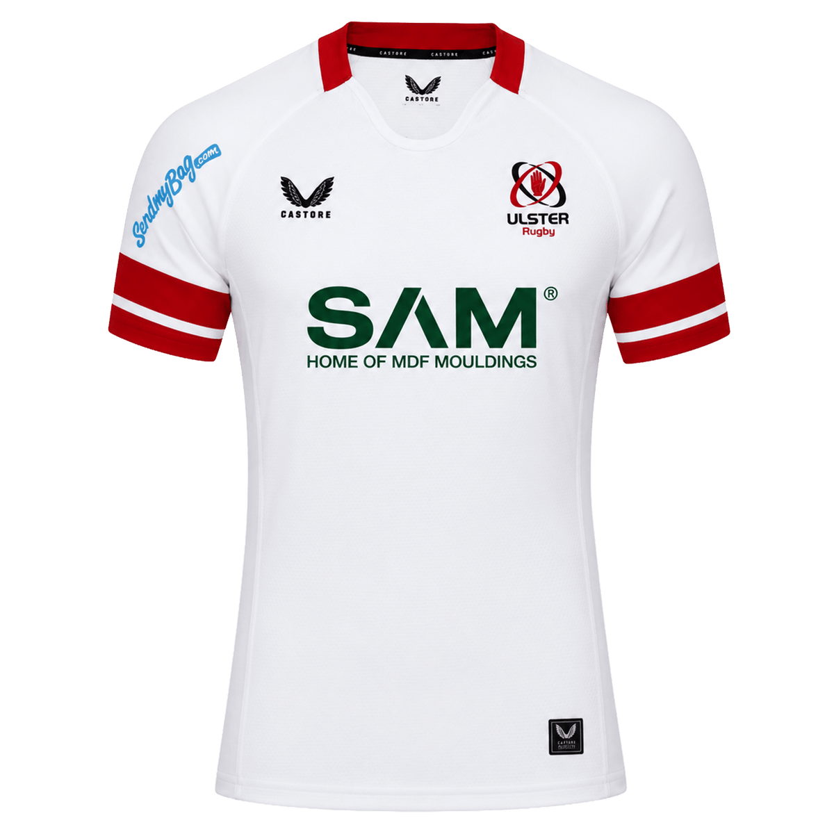 The Ulster 25/26 Pro Home Jersey by Castore is a white rugby jersey with red trim, performance features, sponsor logos like "SAM Home of MDF Mouldings," and the Ulster Rugby crest on the chest.