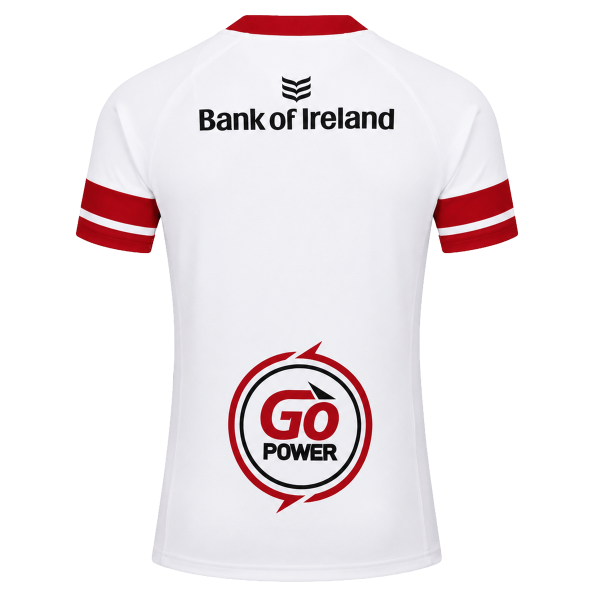 The Ulster 25/26 Pro Home Jersey by Castore is a white, short-sleeved performance rugby top with red sleeve stripes, "Bank of Ireland" on the upper back, and a large "GO Power" logo on the lower back.