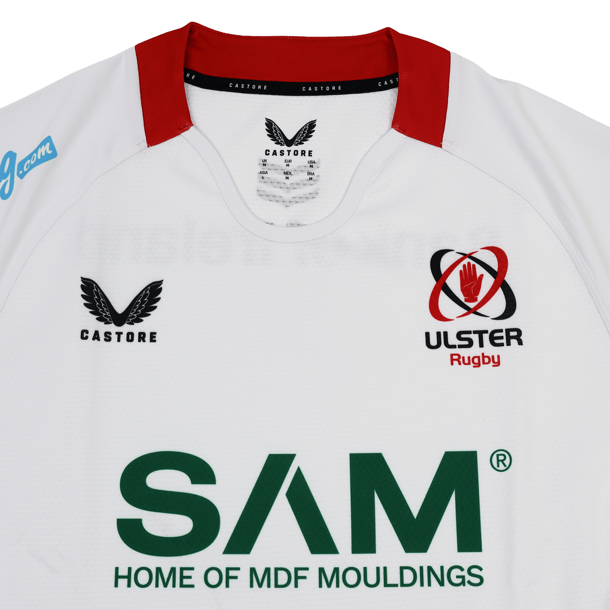 The Ulster 25/26 Pro Home Jersey by Castore is a white performance rugby jersey with a red collar and "SAM Home of MDF Mouldings" as the front sponsor.