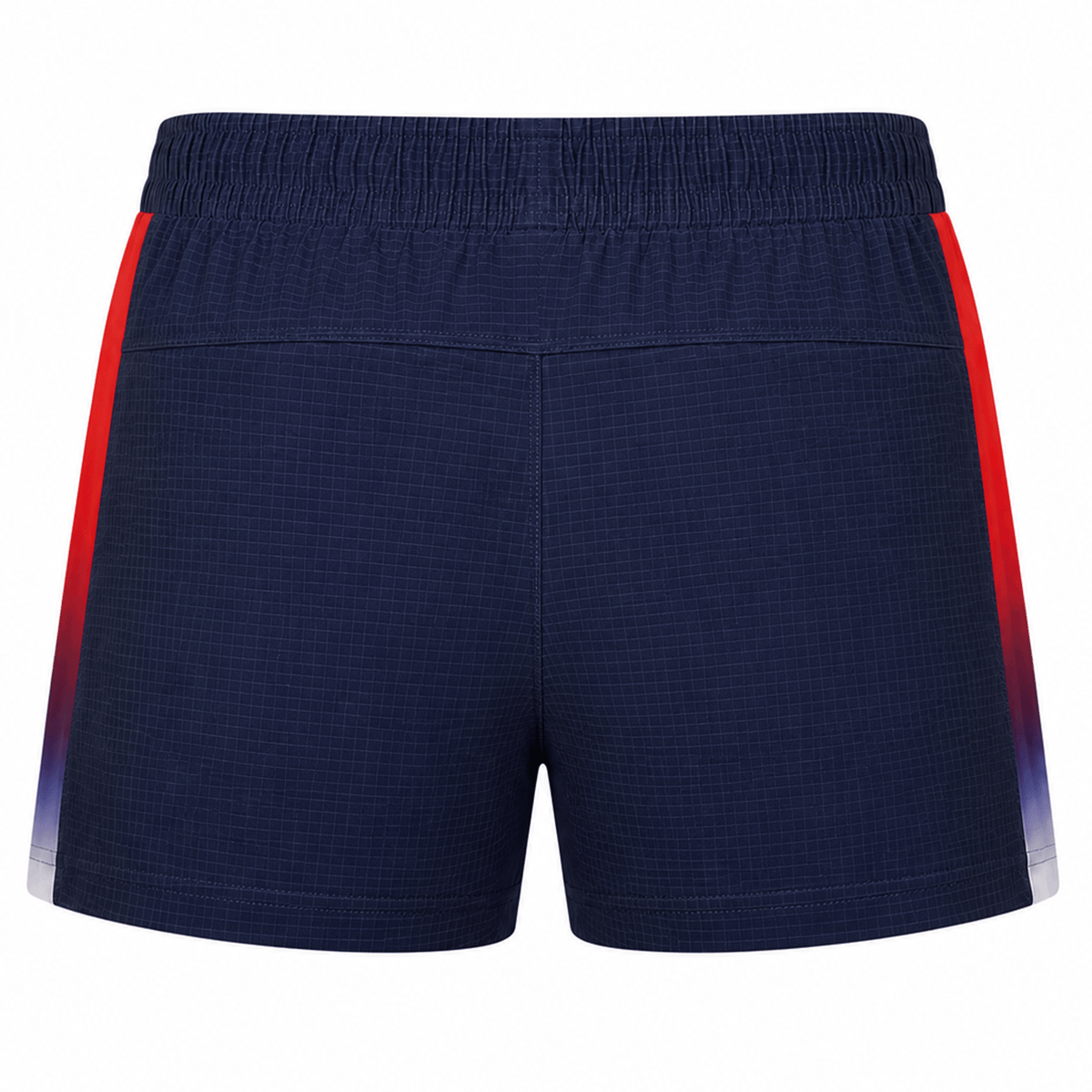Navy blue USA Rugby 22/23 Pro Home Shorts by Castore feature an elastic waistband and red and white gradient side panels—ideal for fans seeking authentic Castore rugby style.