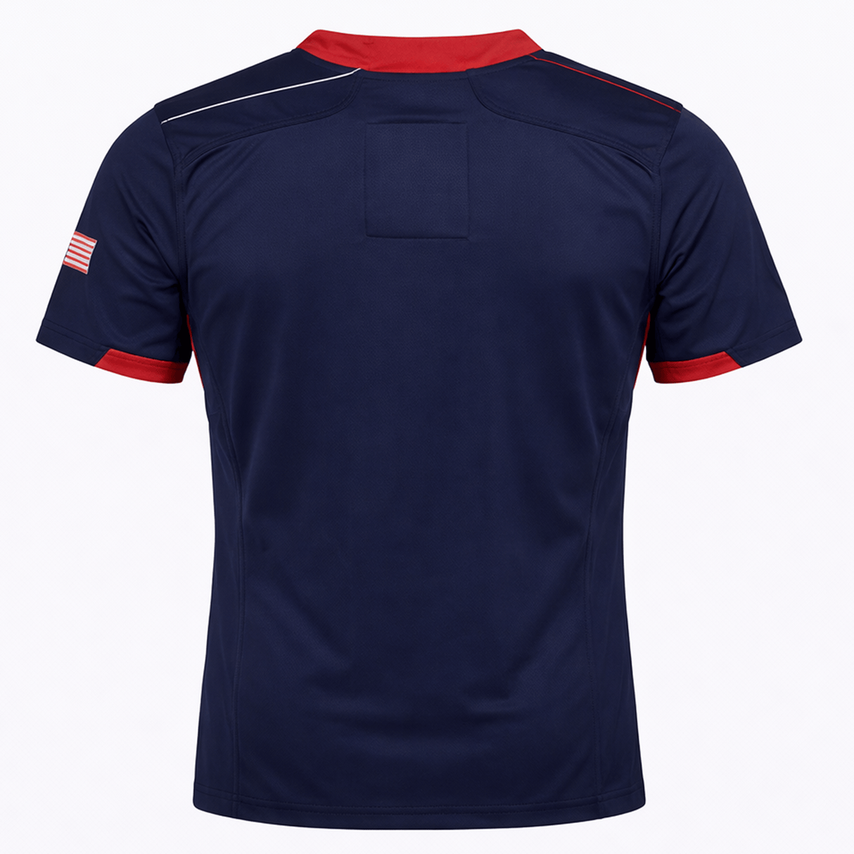 Navy blue USA Rugby 22/23 Pro Away Jersey by Castore, featuring red collar and cuffs, white shoulder accents, and a small American flag patch on the left sleeve; shown from the back.