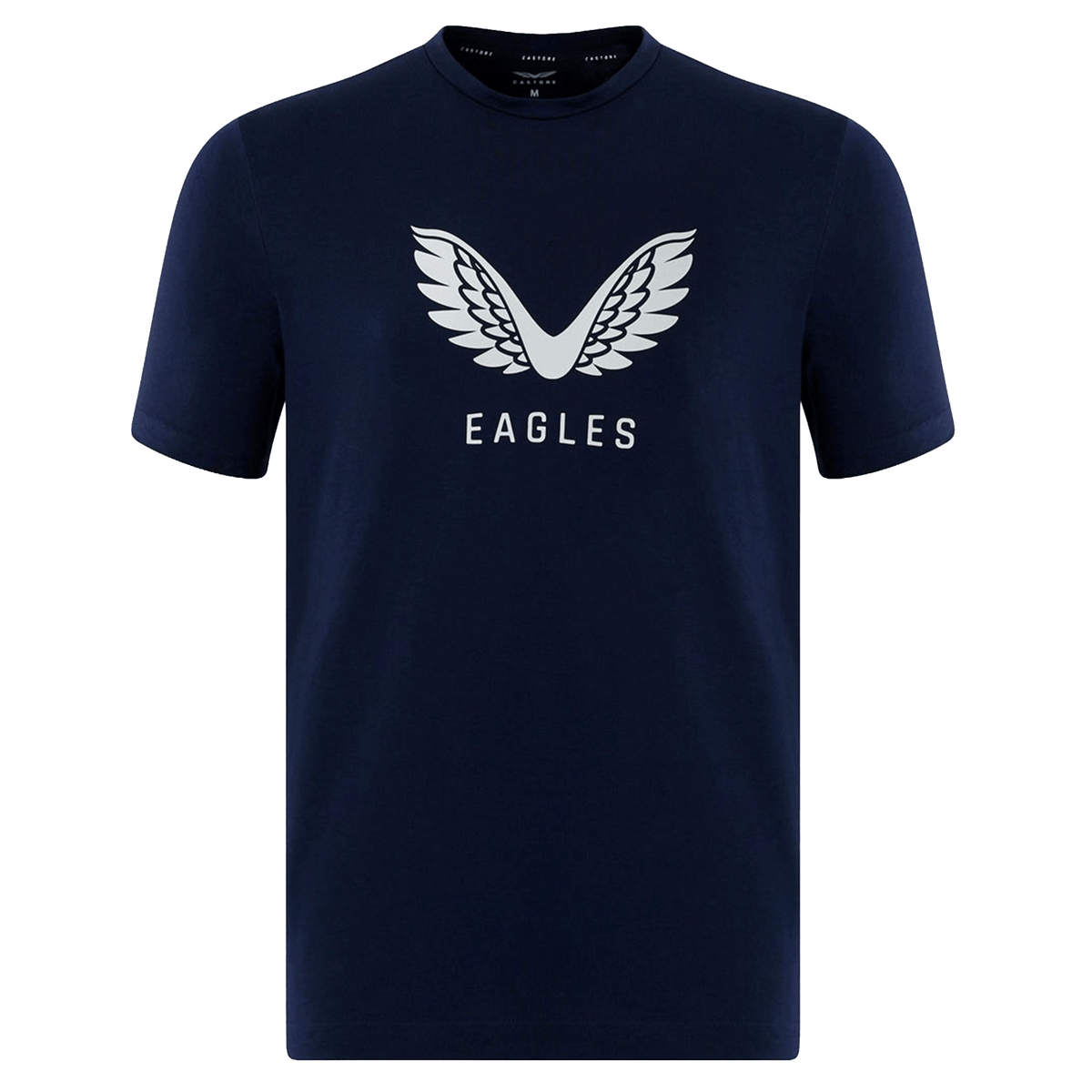 The USA Rugby 22/23 Eagles Logo Tee by Castore is a navy blue t-shirt featuring a white stylized eagle wings graphic above "EAGLES"—perfect for USA Rugby Eagles fans.