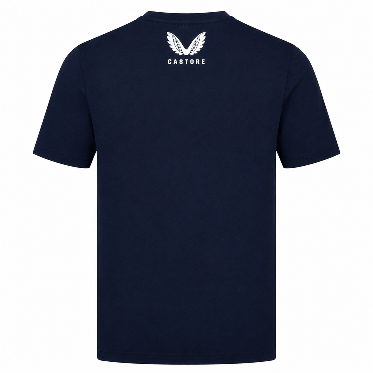 The USA Rugby 22/23 Eagles Logo Tee by Castore is shown in navy blue from the back, featuring a white winged Castore logo and brand name near the collar, as worn by the USA Rugby Eagles.