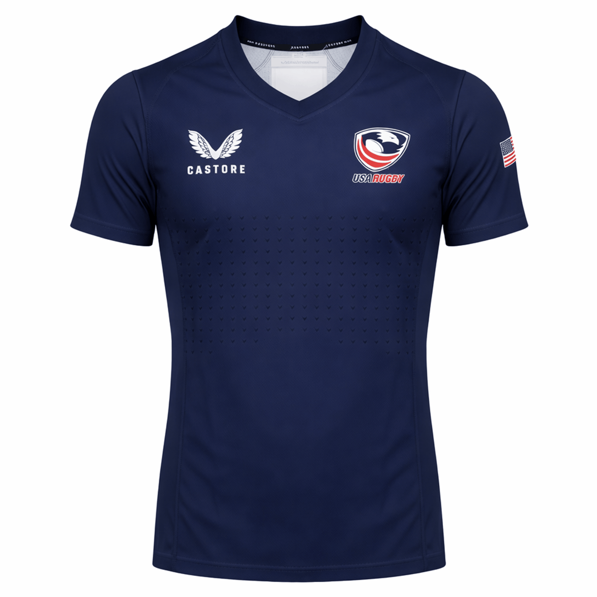 The USA Rugby 23/24 Training Jersey by Castore features the Castore logo, USA Rugby crest, and a small American flag on the sleeve.