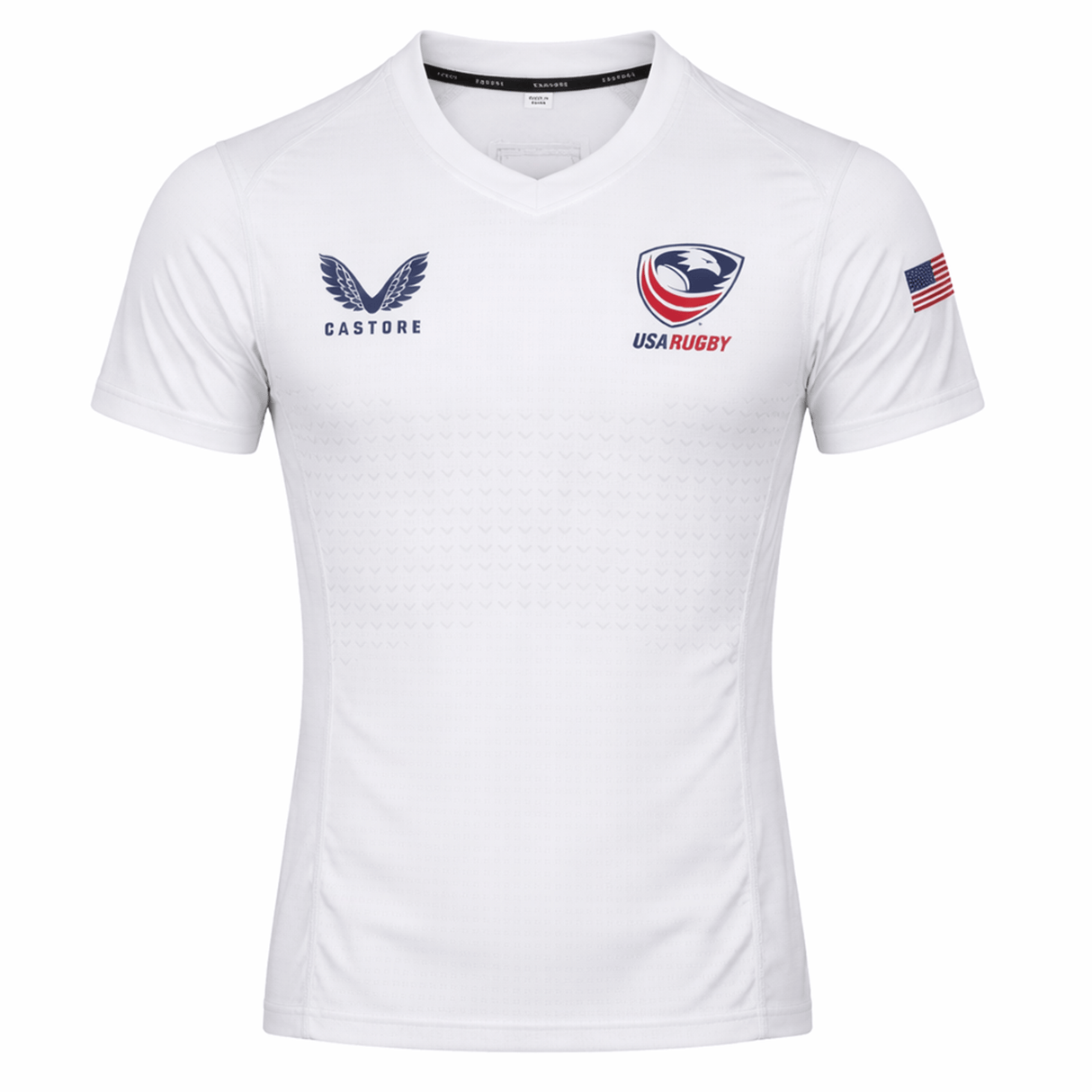 The USA Rugby 23/24 Training Jersey by Castore is a white jersey featuring the Castore logo, USA Rugby eagle crest, and an American flag patch on the right sleeve.