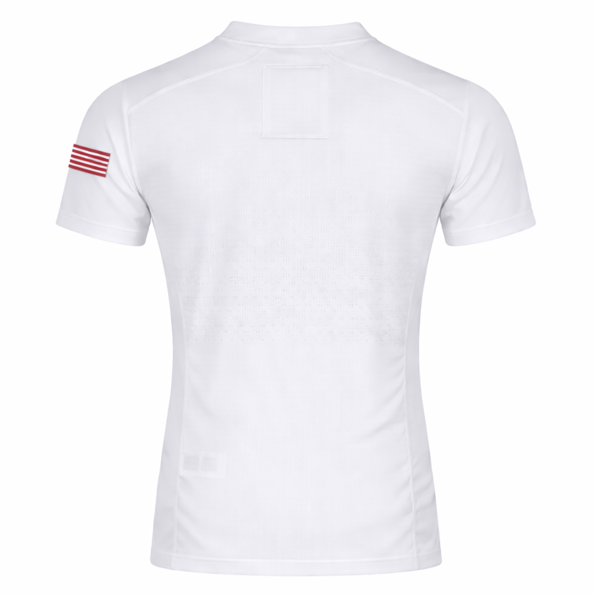 The USA Rugby 23/24 Training Jersey by Castore is a plain white short-sleeve athletic top, shown from the back, with a small patch and red stripe on the left sleeve—ideal for fans of USA Rugby.