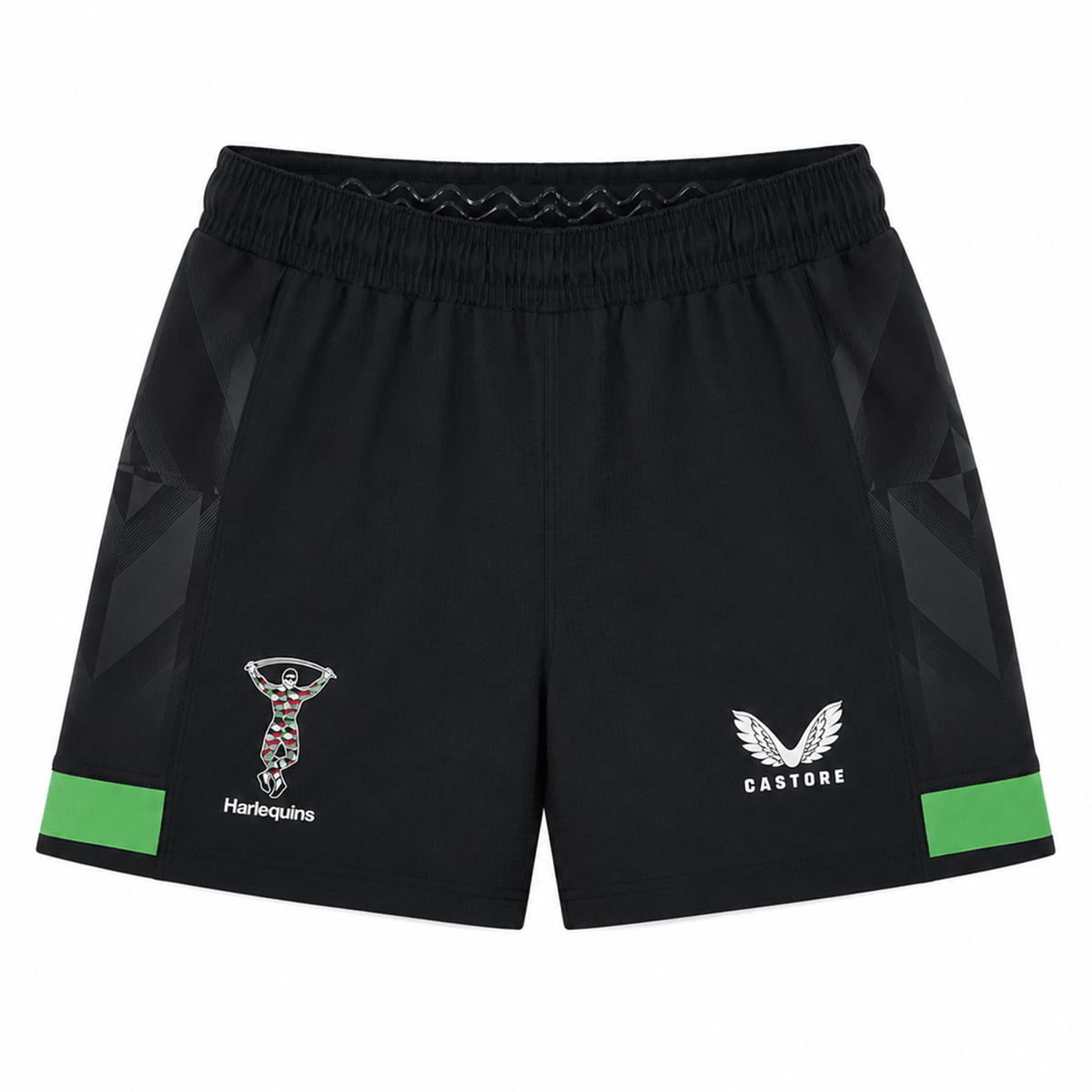 The Harlequins 23/24 Home Shorts by Castore feature black fabric, green stripes near the hem, the Harlequins logo on the left leg, and Castore branding on the right leg—official shorts for fans.