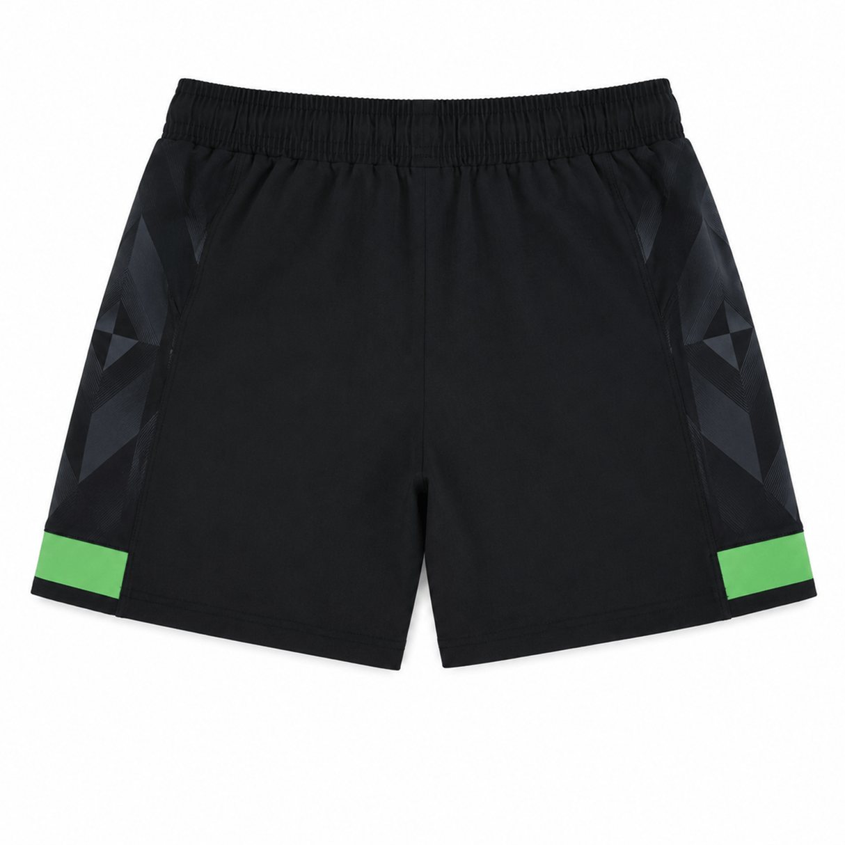 The Harlequins 23/24 Home Shorts by Castore, featuring a black design with green horizontal stripes near the hem and subtle geometric side patterns, are displayed flat on a white background.