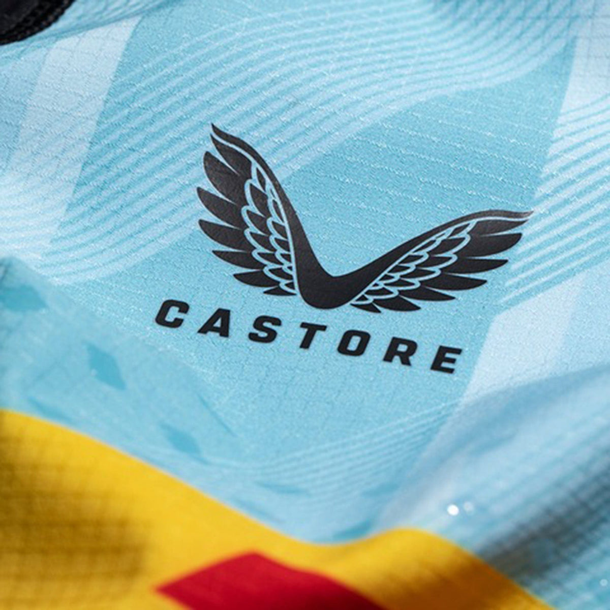 Close-up of the Harlequins 23/24 Pro Home Jersey by Castore in light blue, displaying the black Castore logo with stylized wings and brand name beneath it.