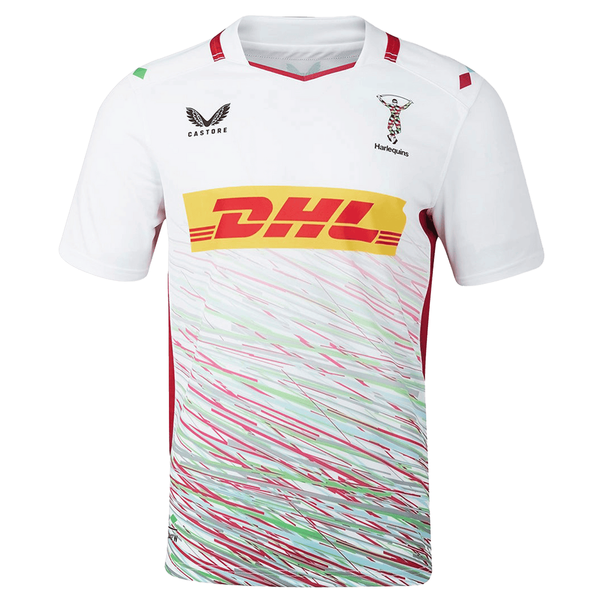 The Harlequins 23/24 Replica Away Jersey by Castore features the DHL logo, light blue and red diagonal streaks, plus the Castore logo—a perfect rugby supporter shirt for dedicated fans.
