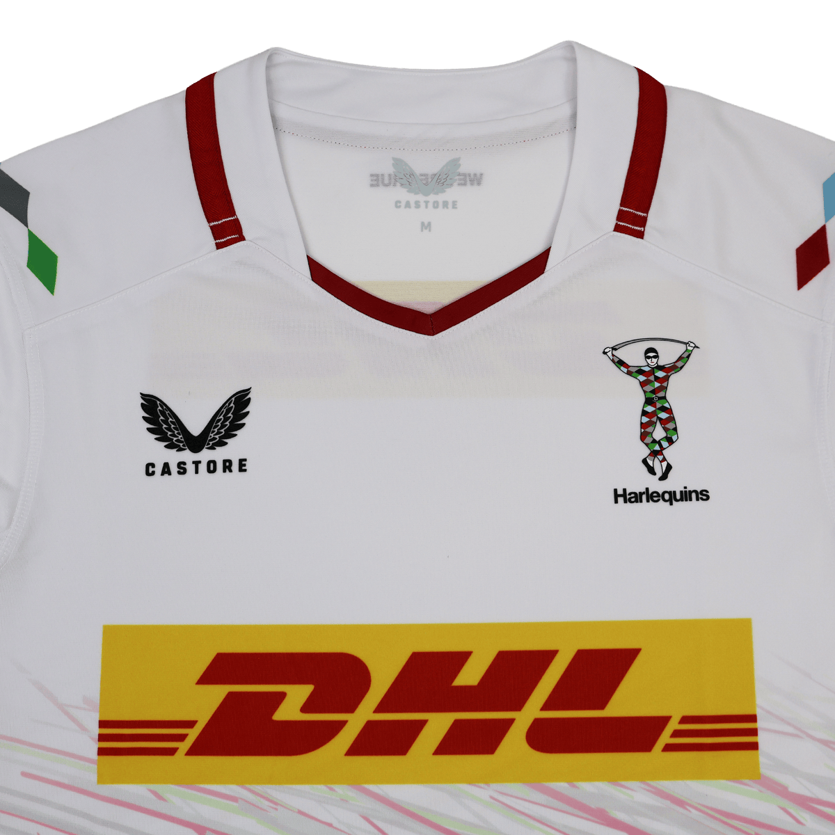Show your support in the Harlequins 23/24 Replica Away Jersey by Castore, featuring the Castore logo, Harlequins emblem, and striking yellow DHL sponsor across the front—a must-have for any rugby fan.