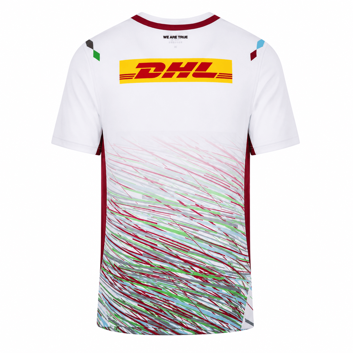 Back view of the Harlequins 23/24 Replica Away Jersey by Castore, featuring red, green, and blue streaks with a yellow DHL logo on the upper back—a must-have supporter shirt from Castore.