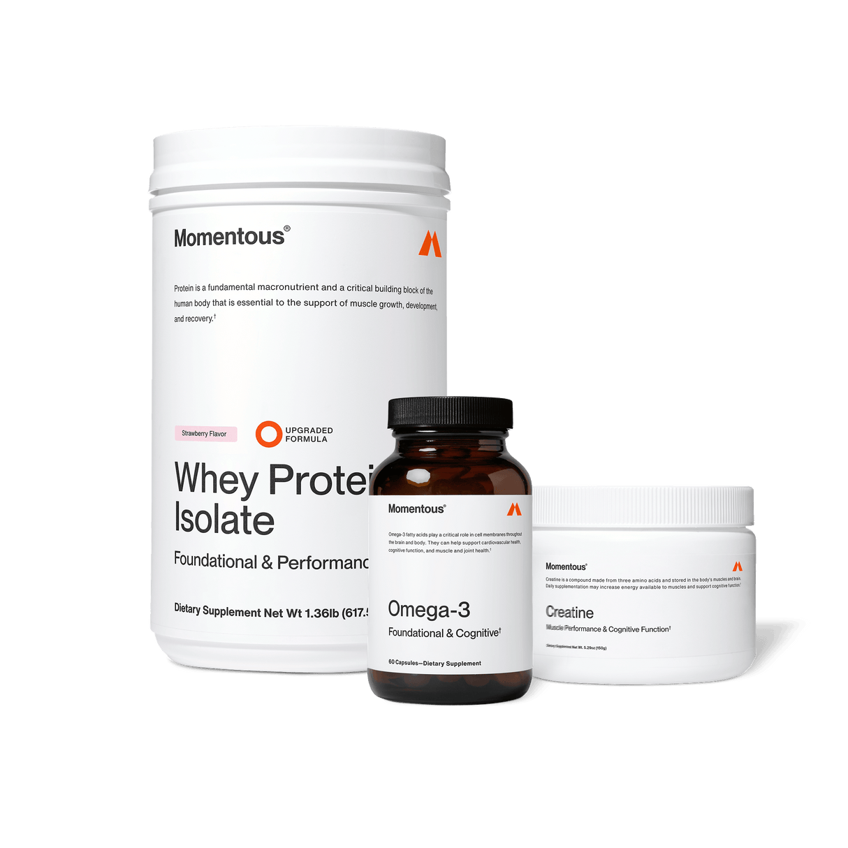The Momentous Three by Momentous—protein, creatine, and omega-3—are displayed with their product labels on a plain light background.