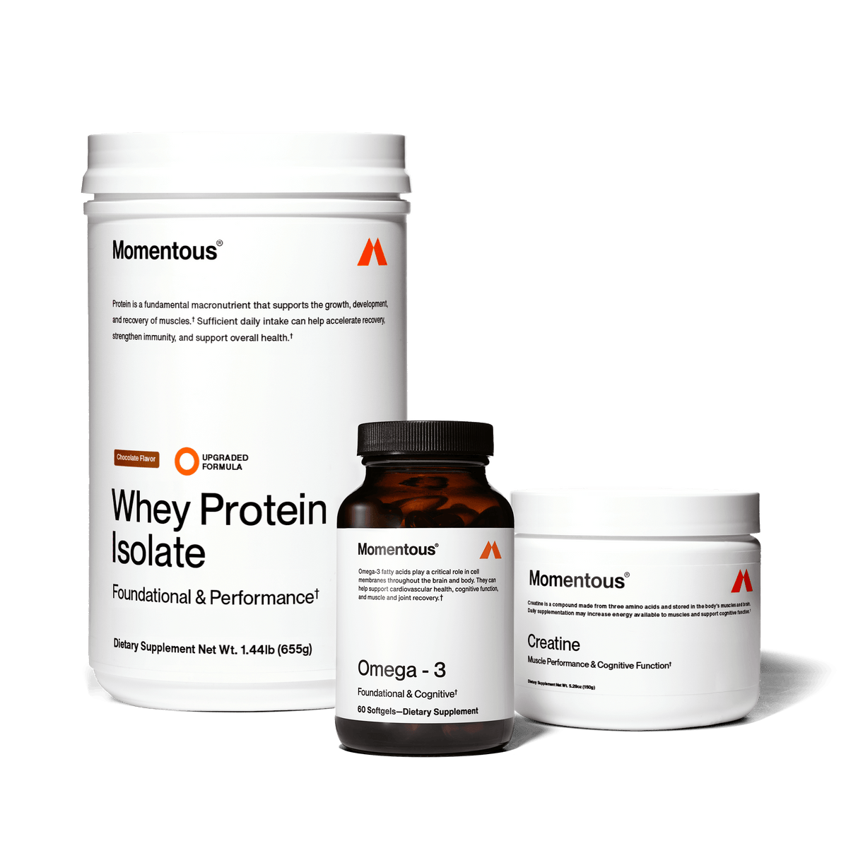 Three containers of The Momentous Three by Momentous—Whey Protein Isolate, Omega-3 softgels, and Creatine powder—are arranged on a plain white background.