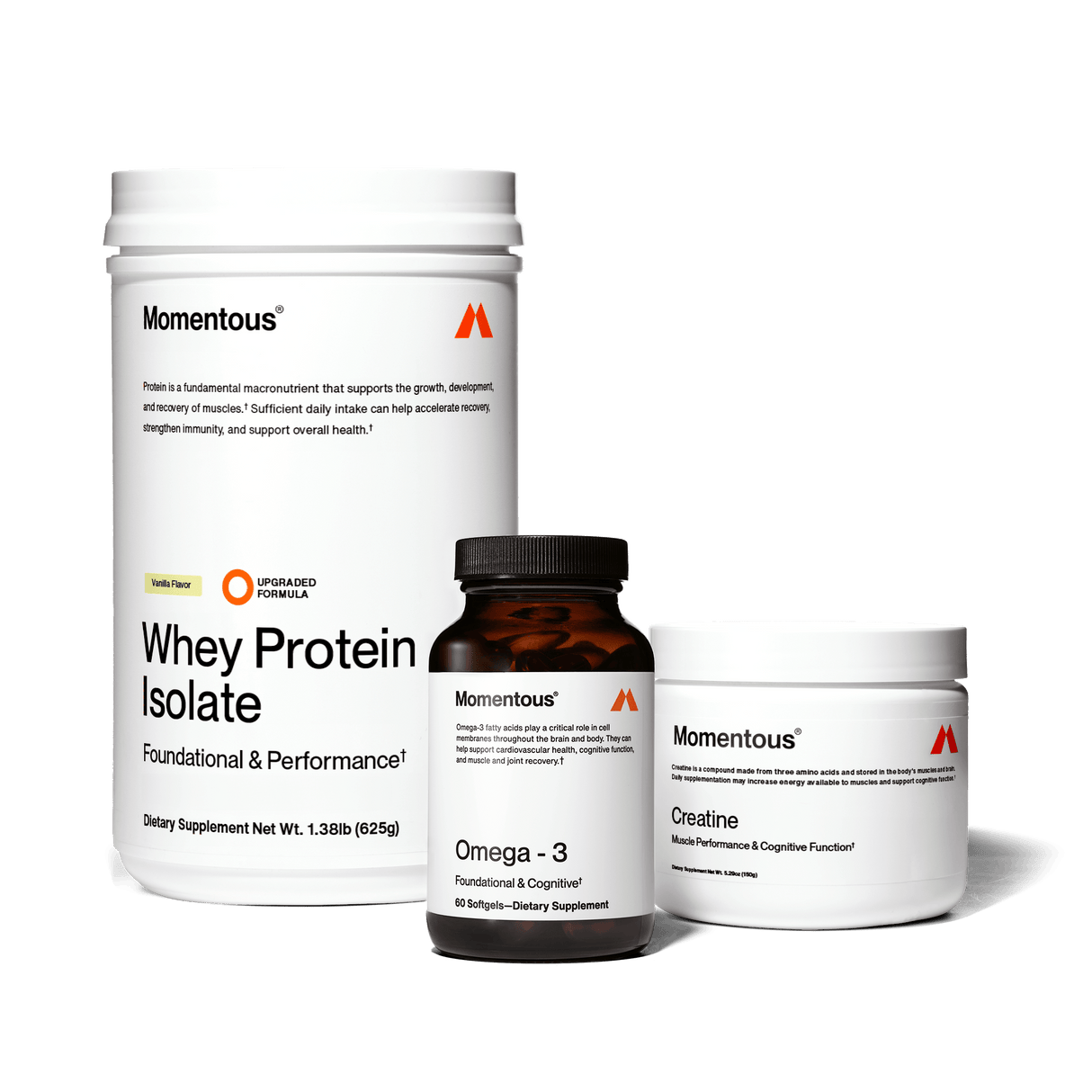 The Momentous Three by Momentous—protein, creatine, and omega-3 supplements—are displayed against a plain white background.