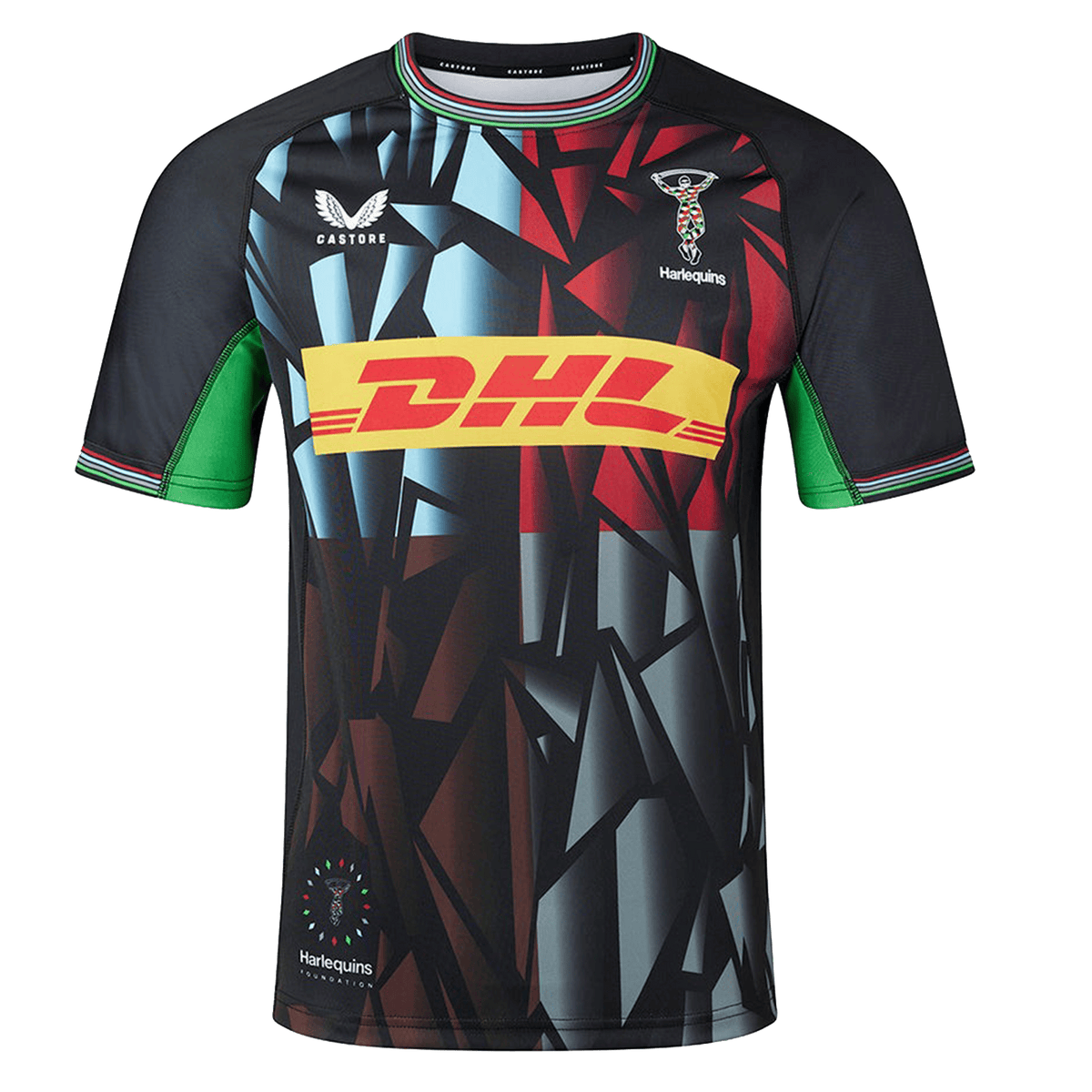 The Harlequins 23/24 Replica Third Jersey by Castore features a geometric black, blue, and red design with green accents, DHL front sponsor logo, and moisture-wicking fabric for comfort on and off the pitch.