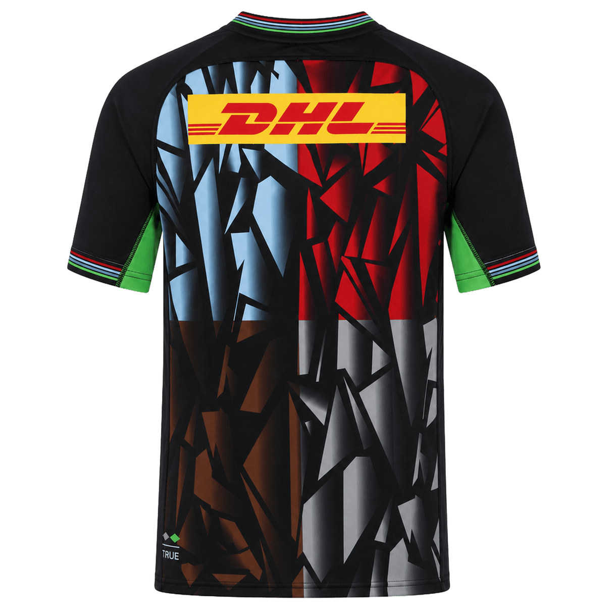 Back view of the Harlequins 23/24 Replica Third Jersey by Castore, a moisture-wicking jersey with geometric black, brown, blue, red, and gray patterns and a bold yellow DHL logo across the upper back.