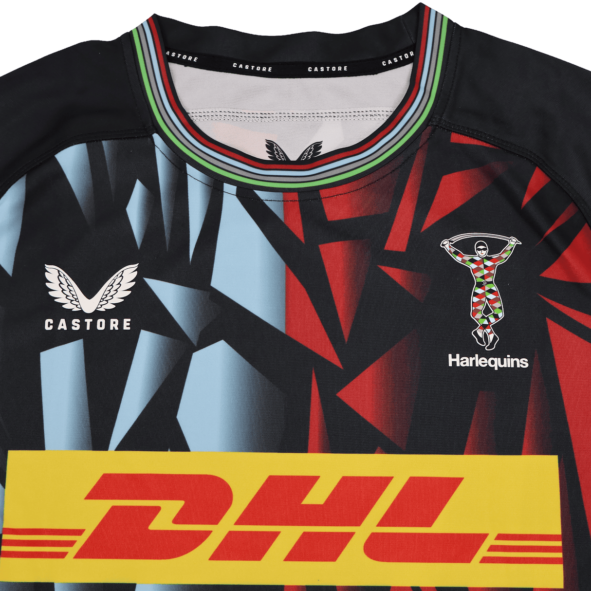 Front view of the Harlequins 23/24 Replica Third Jersey by Castore, a moisture-wicking jersey with geometric patterns, official logos, and a prominent DHL sponsor logo on the chest.