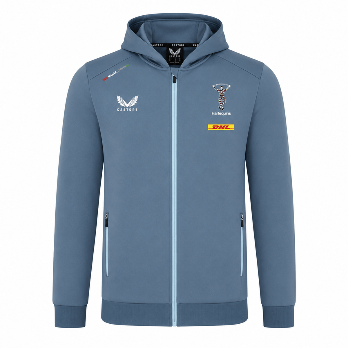 The Harlequins 23/24 Matchday Zip Through Hoodie by Castore is a light blue rugby teamwear hoodie featuring Harlequins, DHL, Castore, and The World’s Original Marmalade logos on the front.