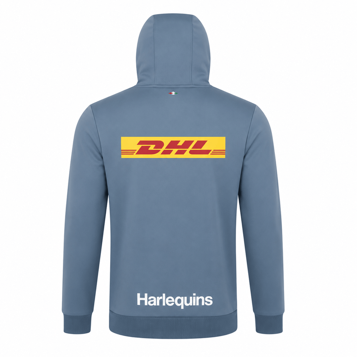 Back view of the Harlequins 23/24 Matchday Zip Through Hoodie by Castore, showing a large DHL logo across the upper back and "Harlequins" near the bottom.