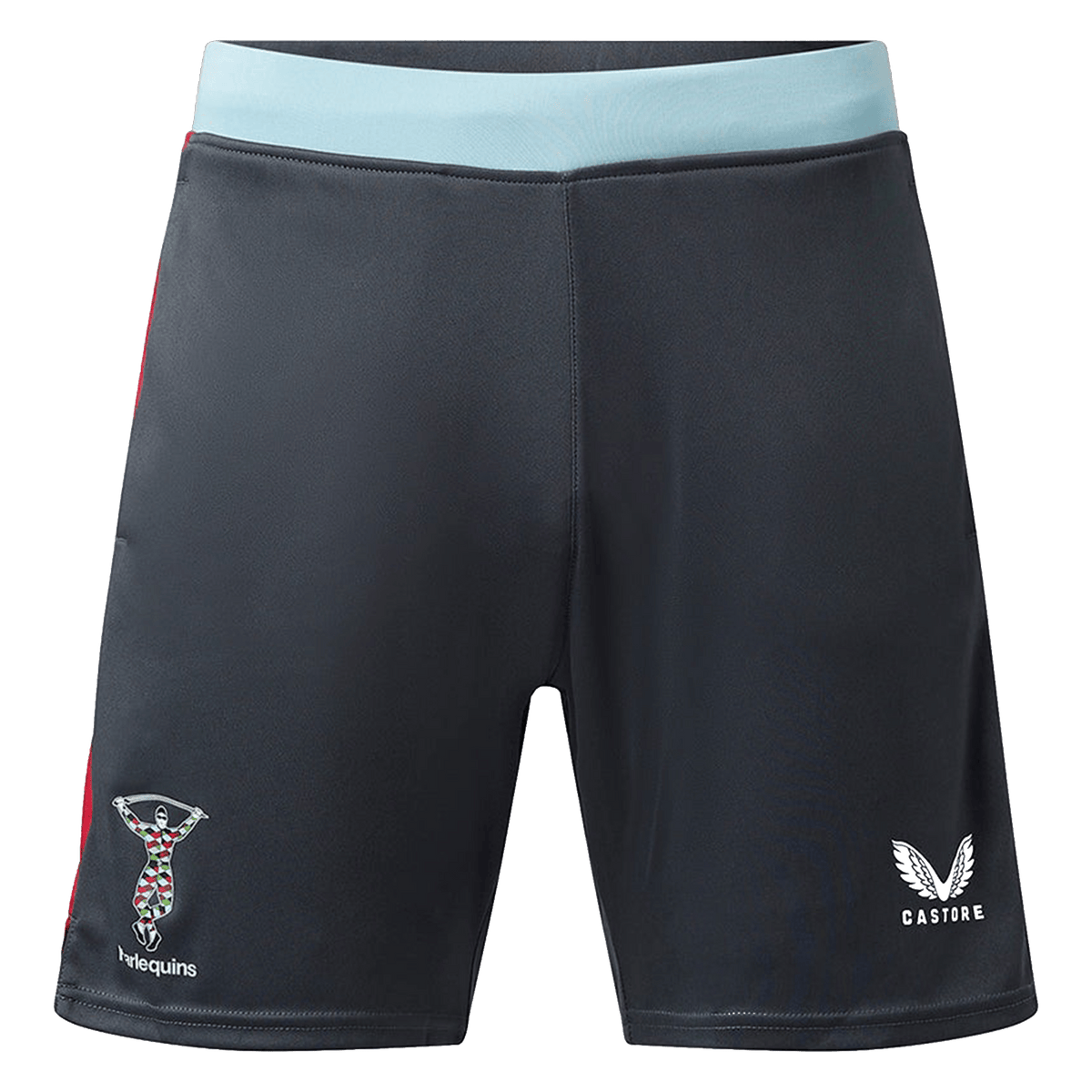 The Harlequins 23/24 Gym Short by Castore features a dark design with a light blue waistband, the Harlequins logo on the left leg, and Castore branding on the right—perfect workout shorts for dedicated fans.