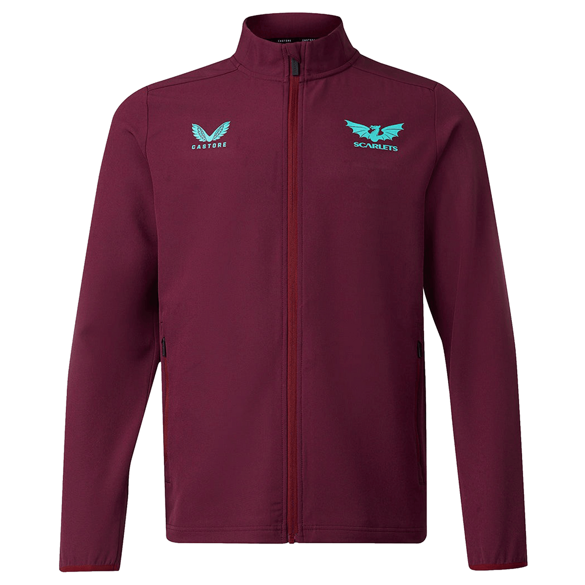 The Scarlets 23/24 Travel Jacket Men's by Castore in maroon features teal Castore and Scarlets chest logos, displayed against a plain white background.