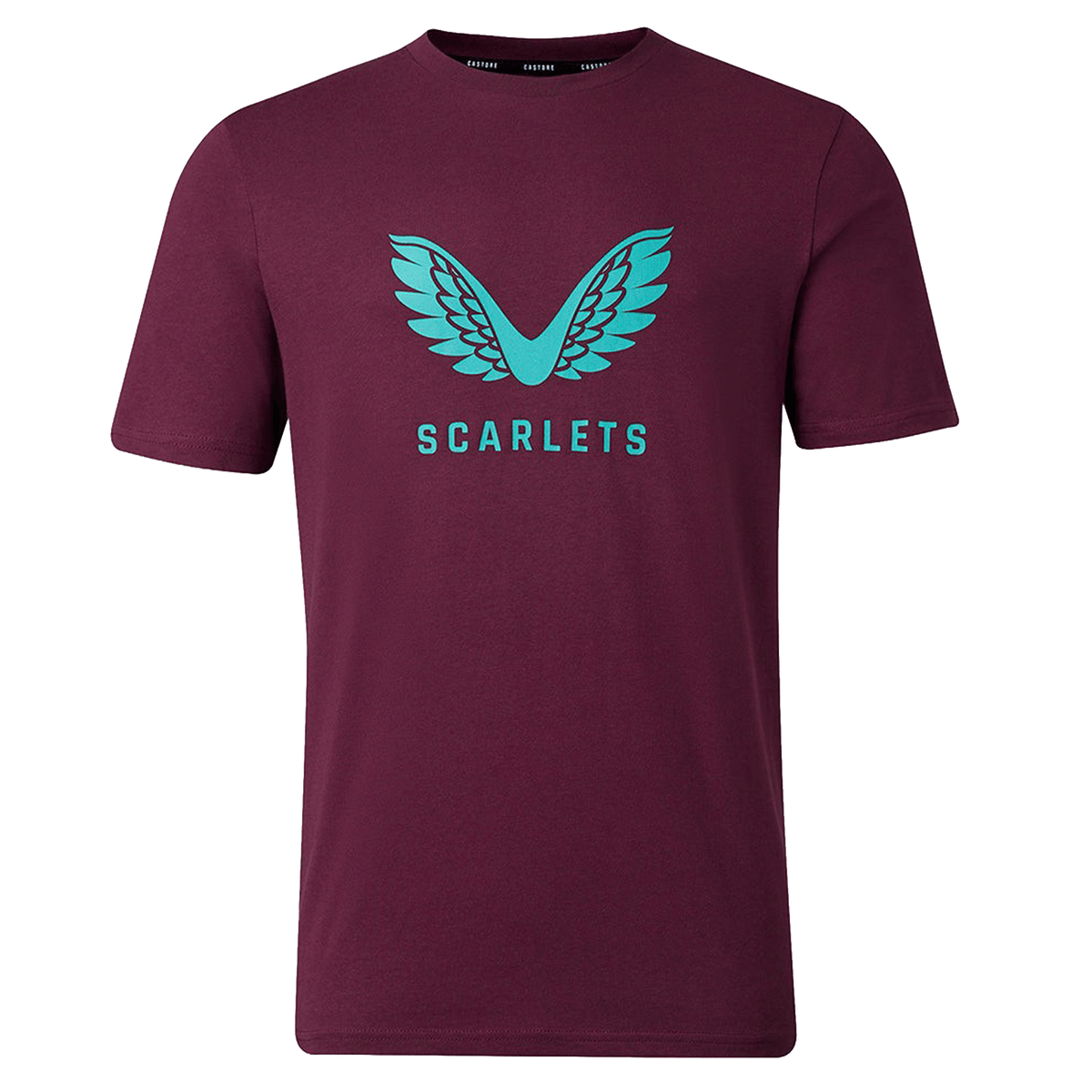 The Scarlets 23/24 Travel Cotton Logo Tee by Castore is a maroon cotton shirt with a teal winged logo and "SCARLETS" text on the chest.