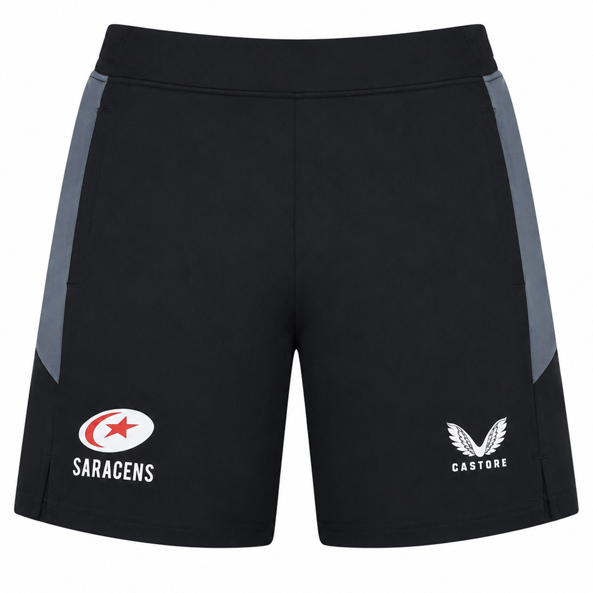 The Saracens 24/25 Pro Players Gym Training Short by Castore features the team logo on the left leg, Castore branding on the right, and grey side panels—perfect for gym sessions.
