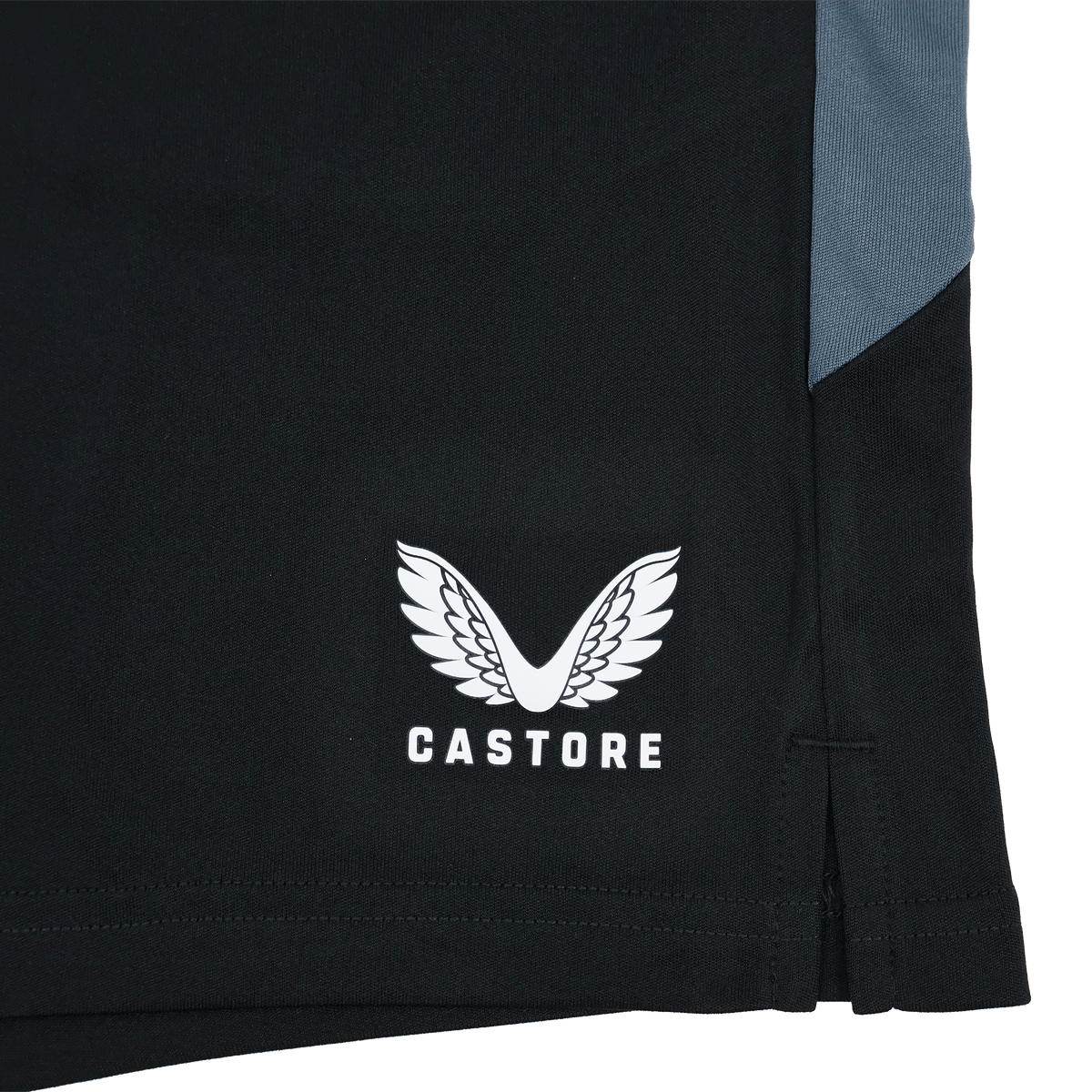 Close-up of the Saracens 24/25 Pro Players Gym Training Short by Castore, showcasing the iconic stylized wings logo above "Castore" and a gray fabric accent—engineered for peak performance and style.