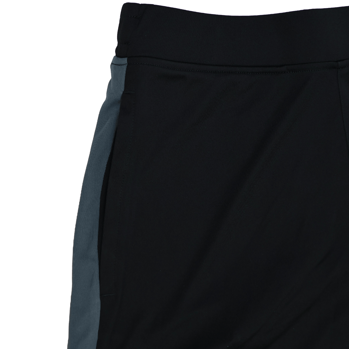 Close-up of the Saracens 24/25 Pro Players Gym Training Short by Castore in black with a dark gray side stripe, featuring the waistband and part of a pocket.