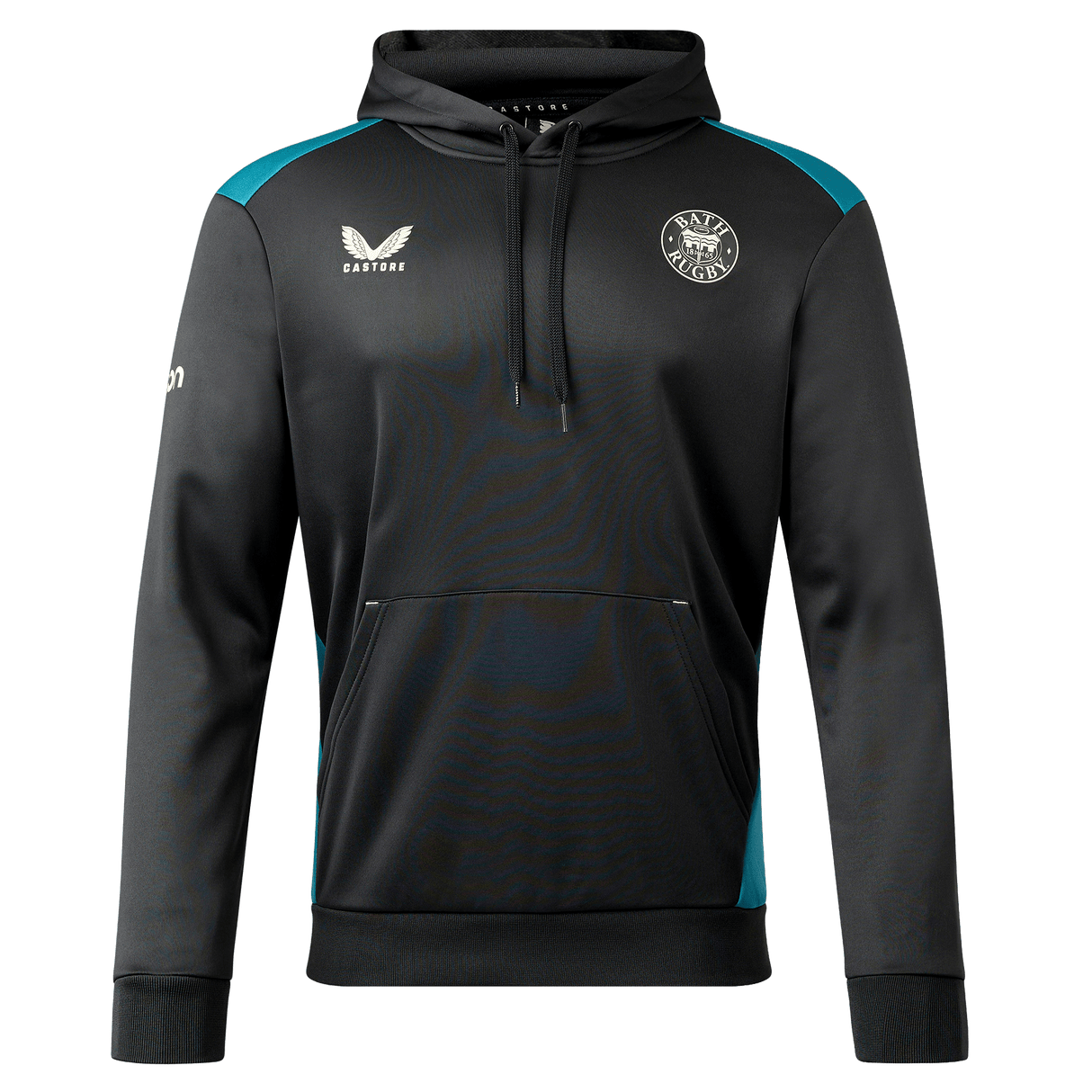 The Bath 23/24 Hoodie by Castore is a black and teal pullover with a front pocket, Castore logo, circular badge, and white sleeve logo—ideal for Bath Rugby fans seeking style and comfort.