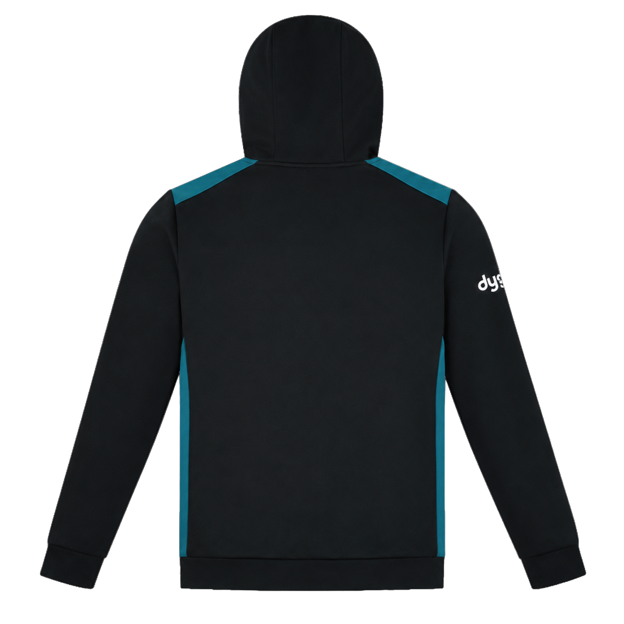 Back view of the Bath 23/24 Hoodie by Castore in black with teal accents on shoulders and sides, featuring "dys" in white on the left sleeve. Brand: Castore.
