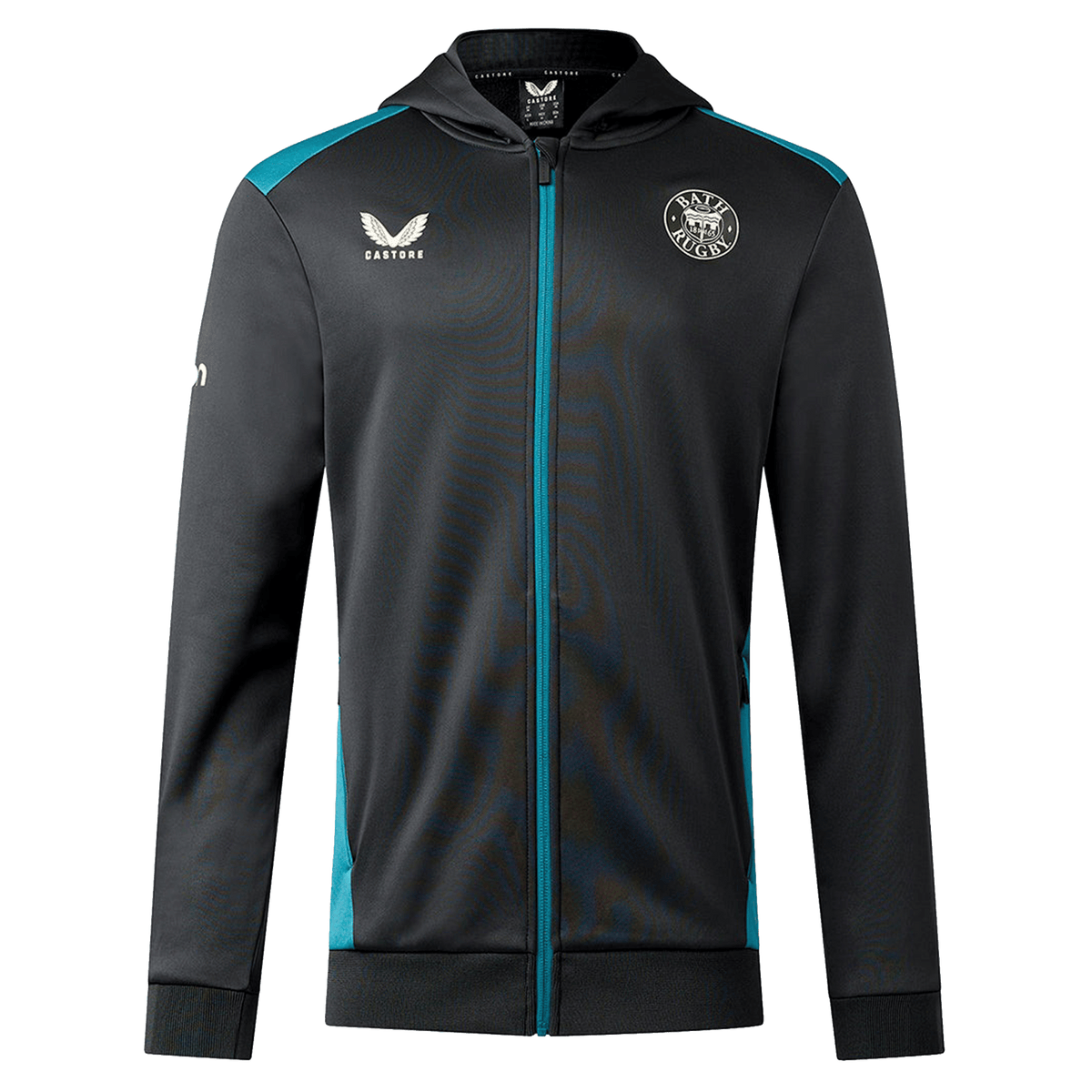 Bath 23/24 Full Zip Hoodie by Castore—black hoodie with teal accents, front zipper, hood, and two chest logos. Ideal rugby fan apparel. Shown on a plain white background.