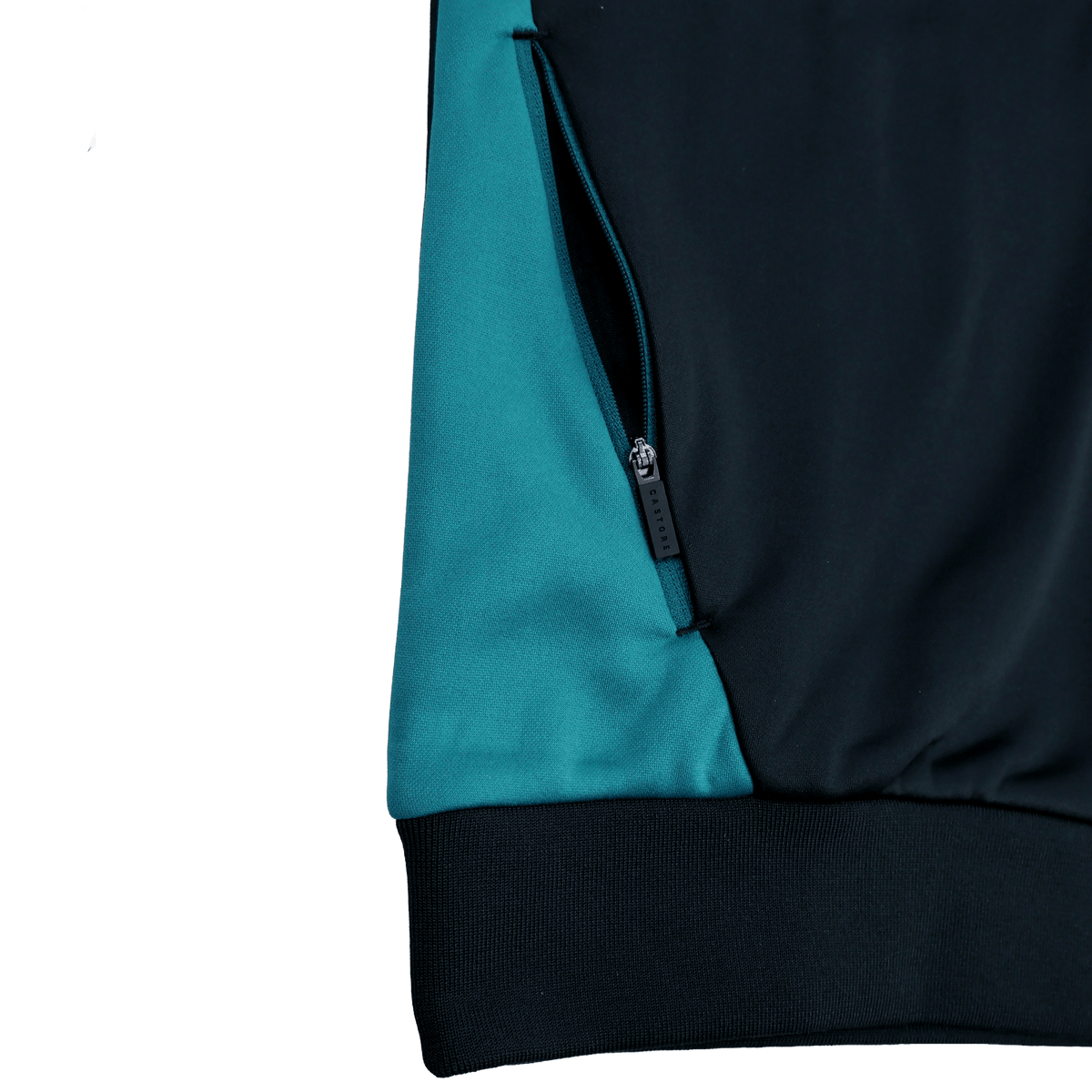 Close-up of the Bath 23/24 Full Zip Hoodie by Castore, featuring a teal and black color block design, zippered pocket, and ribbed black hem—stylish official fan apparel from Castore.