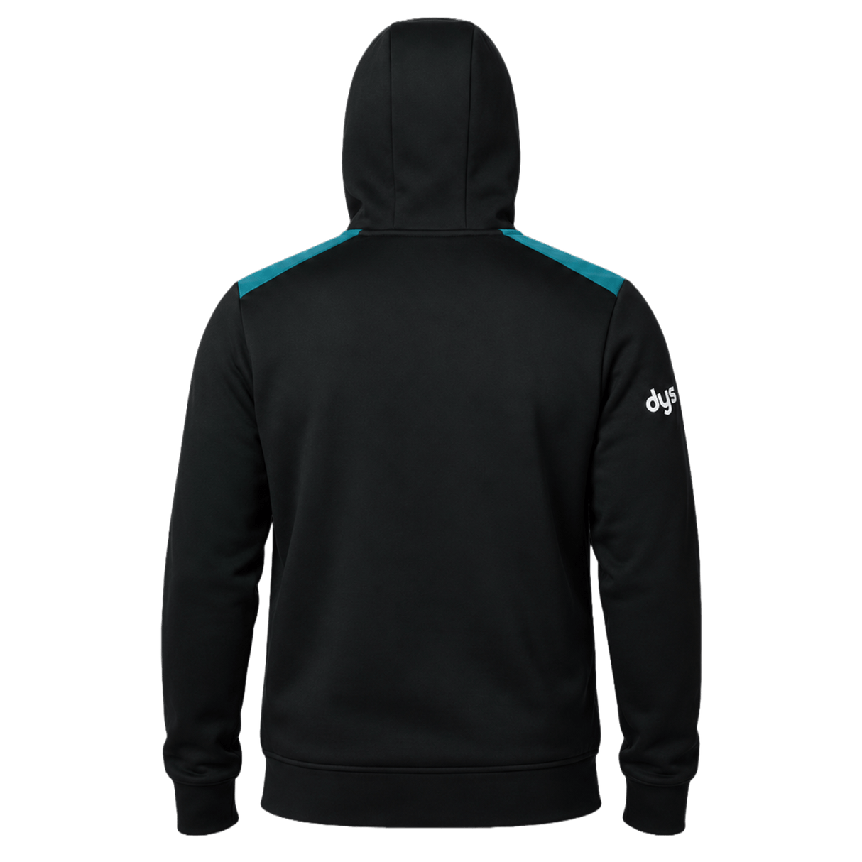 The Bath 23/24 Full Zip Hoodie by Castore is a black hoodie with teal shoulder accents and "dys" text on the right sleeve—a stylish choice for any rugby fan from Castore.