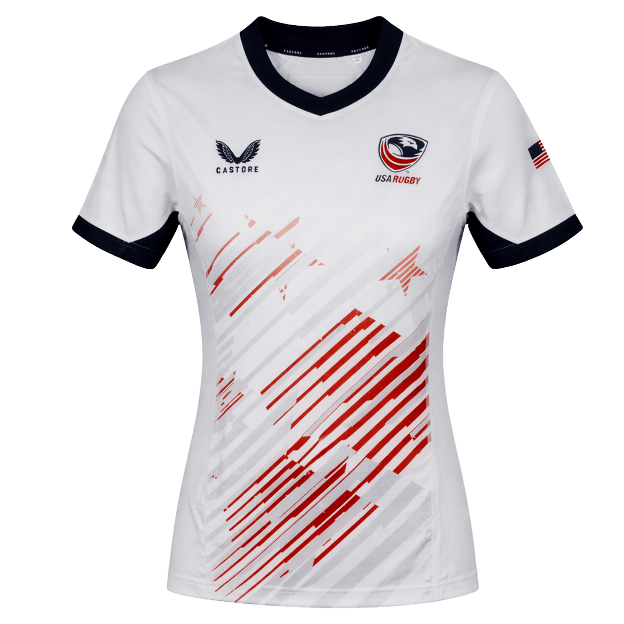 The USA Rugby 24/25 Pro 7s Away Jersey by Castore for women features red and gray stripes, USA Rugby and Castore logos, a black collar and cuffs, plus a small USA flag on the right sleeve.