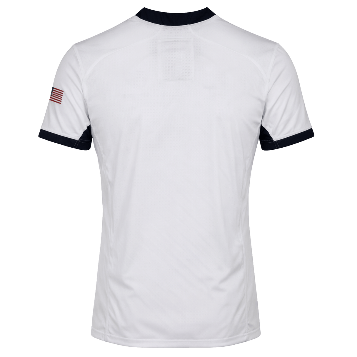 The USA Rugby 24/25 Pro 7s Away Jersey by Castore is a white short-sleeve jersey with dark collar and sleeve edges, plus an American flag patch on the right sleeve—official USA Rugby gear.