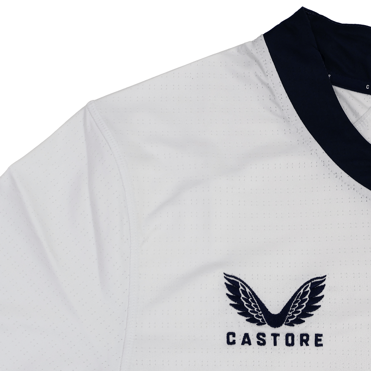 The USA Rugby 24/25 Pro 7s Away Jersey by Castore features a white design with a navy collar and embroidered Castore logo and branding, inspired by the official away jersey.
