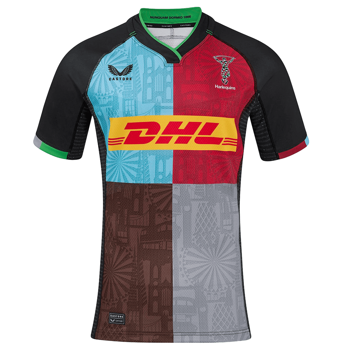 The Harlequins 24/25 Pro Home Jersey by Castore features multi-color panels with black sleeves, bold geometric patterns, a DHL chest logo, and the Harlequins crest on the left—official 2024/25 home kit.