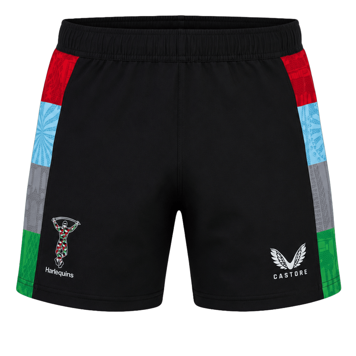 The Harlequins 24/25 Pro Home Short by Castore features black fabric with colorful side panels and official Harlequins and Castore logos—ideal for fans wanting authentic rugby teamwear.