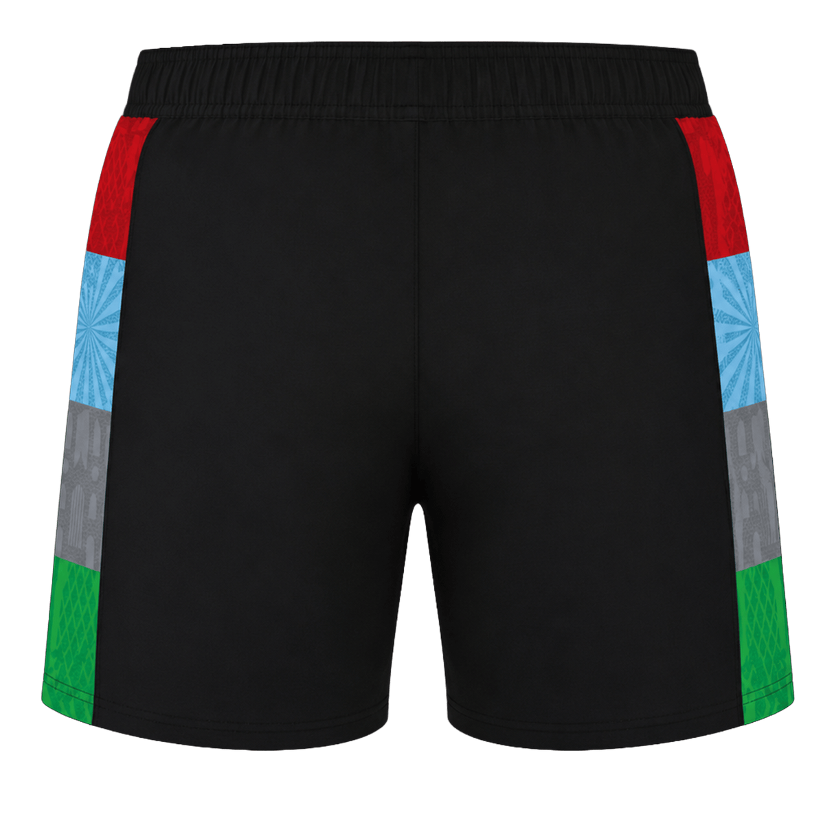 The Castore Harlequins 24/25 Pro Home Short features black fabric with red, blue, gray, and green color-blocked side panels, inspired by professional rugby teamwear and shown from the back.