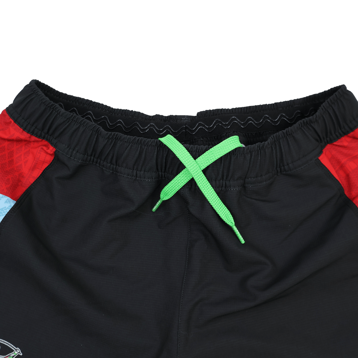 Close-up of the waistband on Castore's Harlequins 24/25 Pro Home Short, black rugby shorts with a green drawstring and red side panels, designed for professional teamwear.