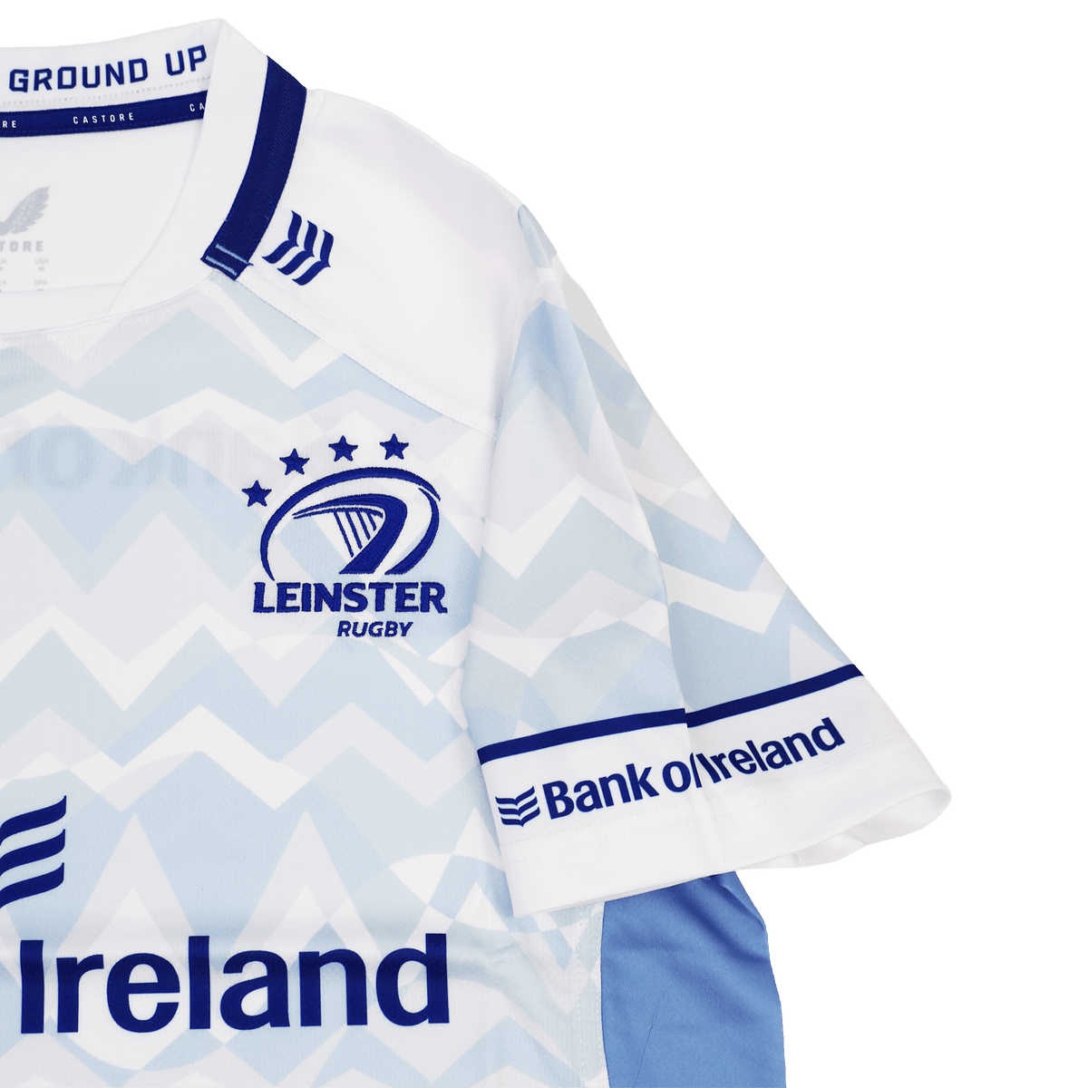 The Leinster 24/25 Replica Away Jersey by Castore features a zigzag design, three stars, Leinster’s logo, and Bank of Ireland sponsor logos on the chest and sleeve.