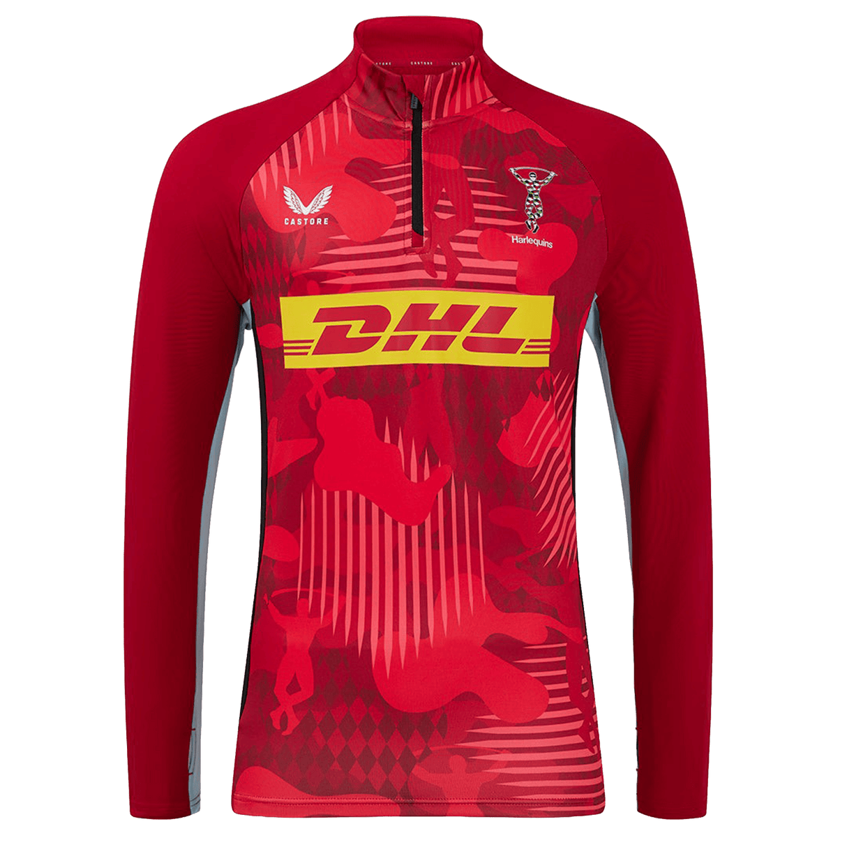 The Harlequins 24/25 Matchday 1/4 Zip Midlayer by Castore features red and maroon long sleeves, yellow DHL logo, Castore branding, and the Harlequins crest on the chest.