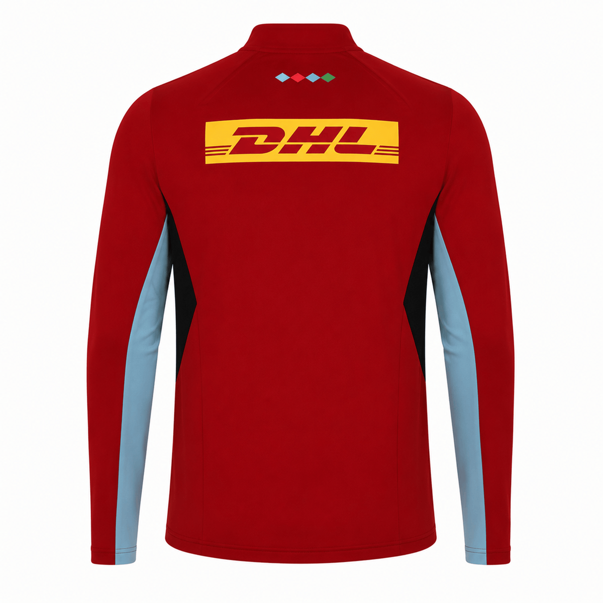 The Harlequins 24/25 Matchday 1/4 Zip Midlayer by Castore features a red body, light blue sleeves, a yellow DHL logo on the back, and small colored diamond shapes near the collar—ideal for rugby fans.