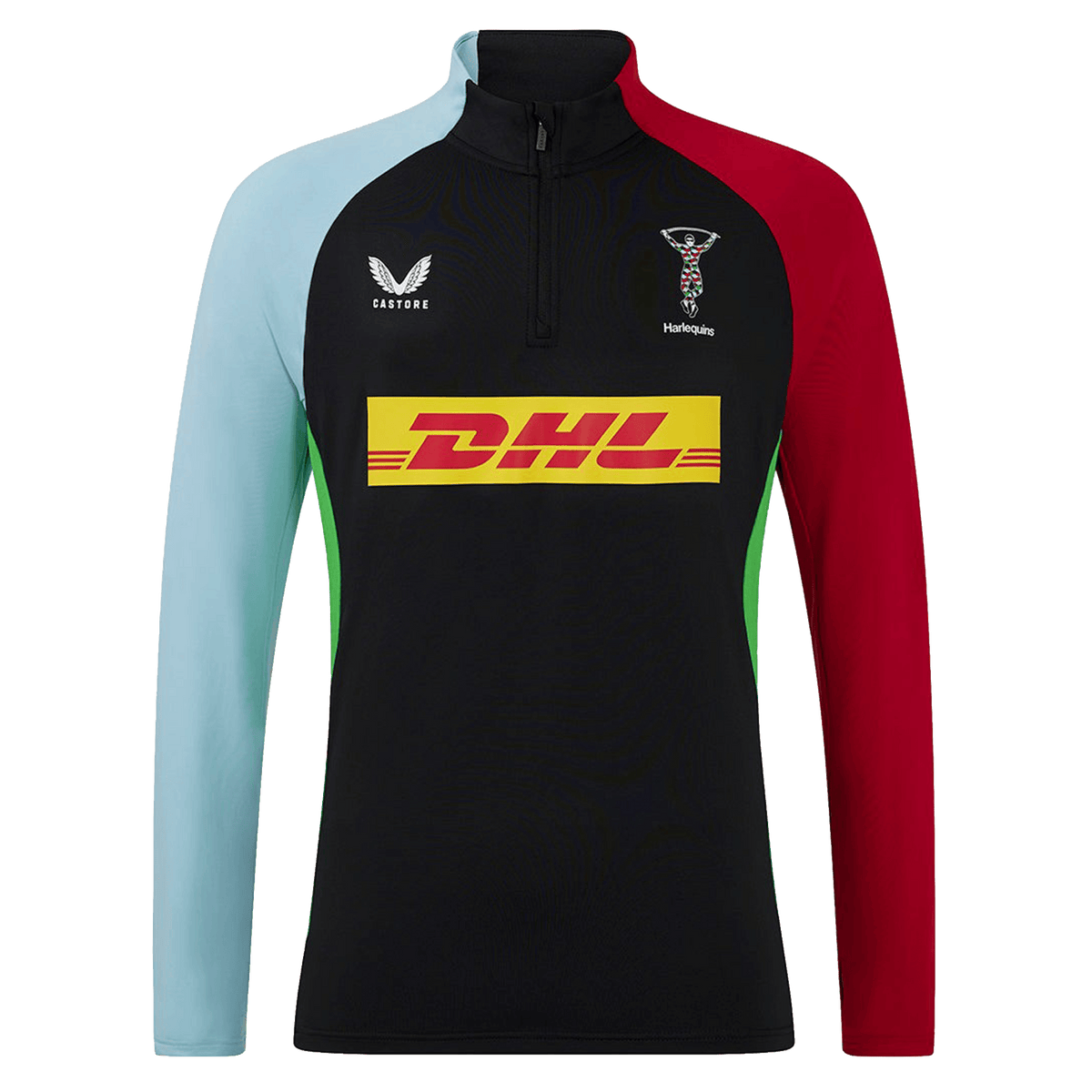 The Harlequins 24/25 Matchday 1/4 Zip Midlayer by Castore features light blue and red long sleeves, a black front, DHL sponsor logo, and both Harlequins and Castore chest logos.