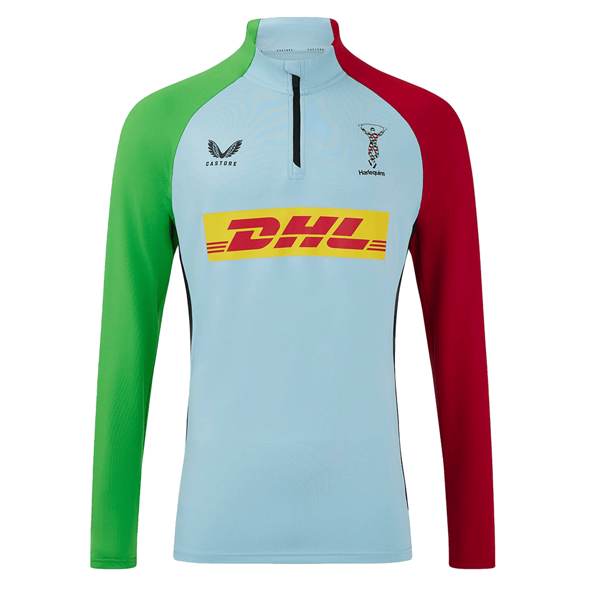 The Harlequins 24/25 Matchday 1/4 Zip Midlayer by Castore features a light blue body, green left sleeve, red right sleeve, and DHL logo—perfect for rugby fans seeking authentic style.