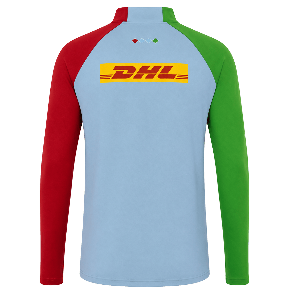 The Harlequins 24/25 Matchday 1/4 Zip Midlayer by Castore features a light blue back, red right sleeve, green left sleeve, and a yellow DHL logo on the upper back.