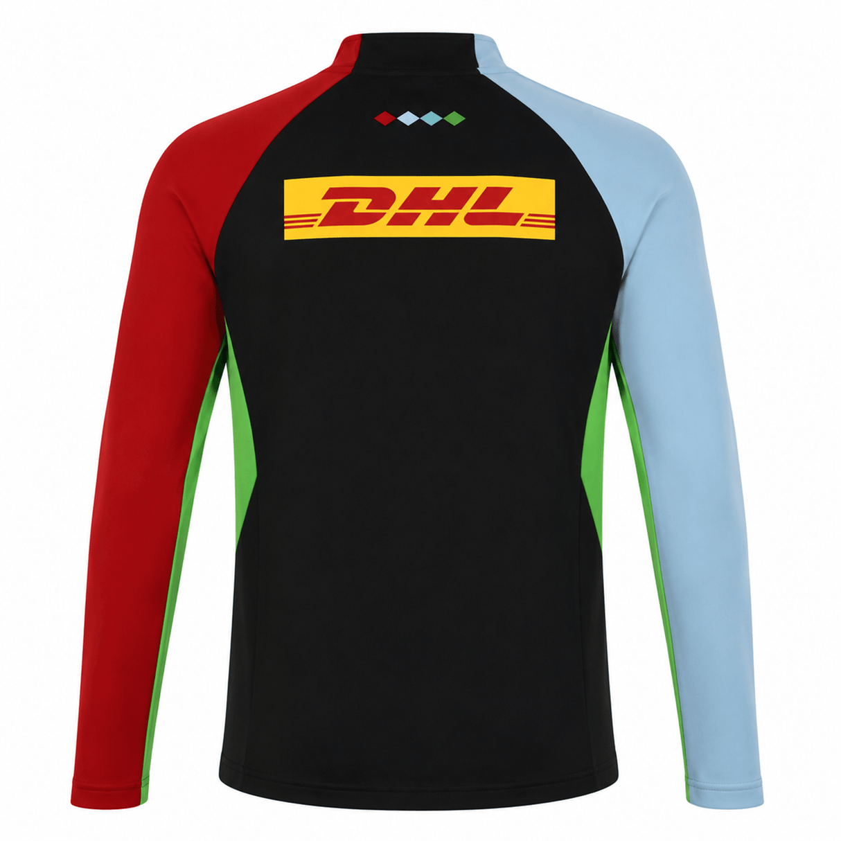 The Harlequins 24/25 Matchday 1/4 Zip Midlayer by Castore features a black back, red right sleeve, light blue left sleeve, green side panels, and a yellow DHL logo—ideal for matchdays.